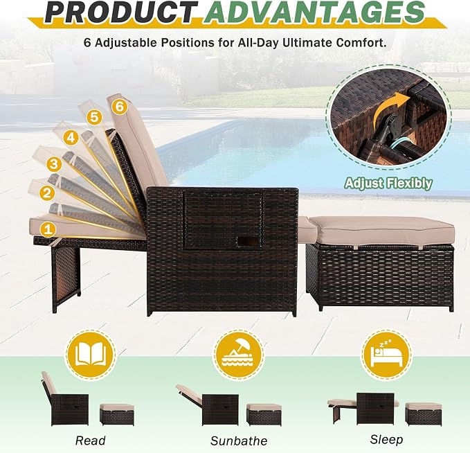 LVUYOYO 5 Piece Patio Furniture Set, Patio Wicker Conversation Set with Ottoman, Outdoor Chaise Lounge Chair with Side Table & Adjustable Backrest for Pool Backyard Garden (Brown Wicker Khaki Cushion)