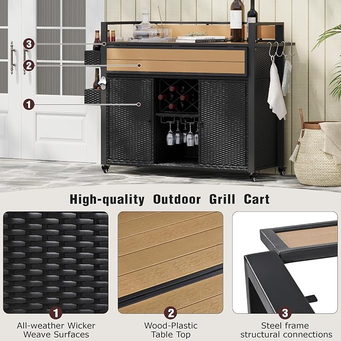 Merax Outdoor Bar Table & Storage Cabinet, Wheels and Drop Leaf Table Top, Patio Bar Table with Raised Shelf for Patio Kitchen or Bar Cart, Black Brown