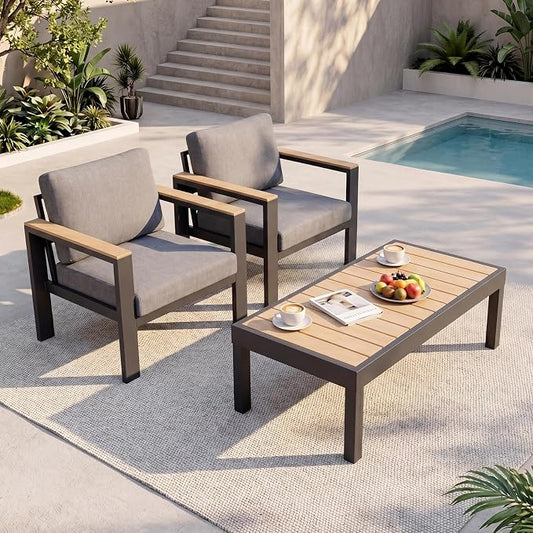 Outdoor Patio Furniture Set, 3-Piece Aluminum Conversation Set with 2 Chairs and Coffee Table, 5-Inch Water-Resistant Cushions, Powder-Coated Frame for Porch, Deck, Backyard, Gray
