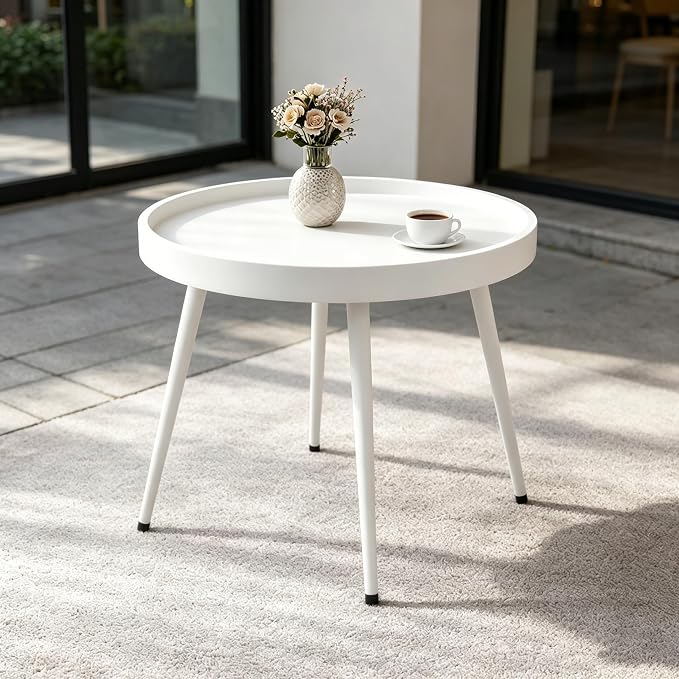 Small Round Side Table - Outdoor Indoor Metal Side Table with Anti-Fall Fence - Small Coffee Drink End Tables for Patio, Living Room Bedroom Porch -White