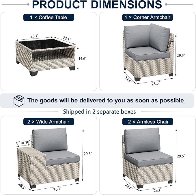 6-Piece Outdoor Patio Furniture Set, Modular Sectional Sofa Set with Glass Coffee Table and Cushions, Wicker Outdoor Couch Conversation Sets, Gray
