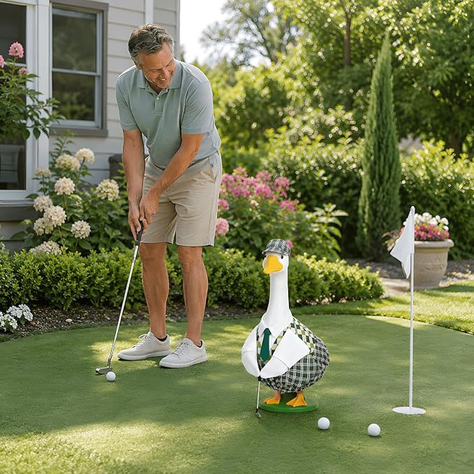Golfer Goose Outfit for 23 Inch Porch Goose Statue Golf Clothes with Hat Tie Shirt and Club for Garden Yard Patio Decor