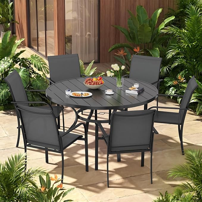 Incbruce 7 PCS Patio Dining Set, Outdoor Dining Set of 6 Textilene Chairs and 53" Round Table with Umbrella Hole for Backyard, Garden, and Poolside (Grey)