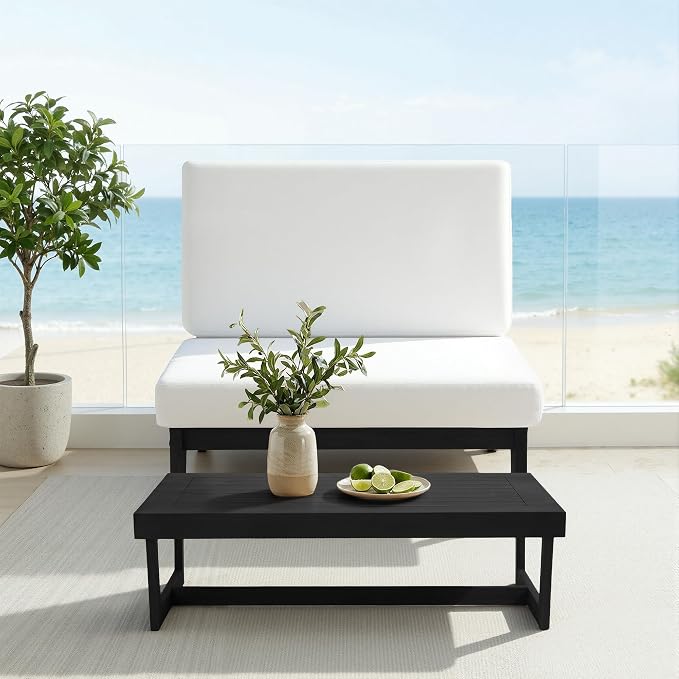 Outdoor Furniture Patio Couch, Weather Resistant Patio Loveseat Sofa Couch with Removable Cushion, Black Wood Frame for Porch & Backyard Seating - Beige