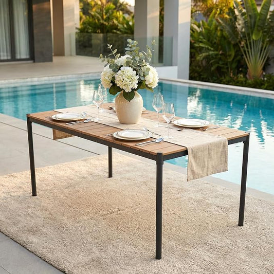 SUNSITT 70’’ Metal Outdoor Patio Dining Table, Weather-Resistant Large Outdoor Rectangle Table/WPC Tabletop & Adjustable Feet for 6-8 Person Porch Deck Garden, Black
