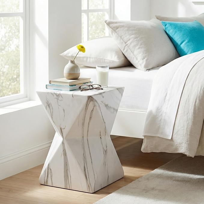 Outdoor Side Table Faux Marble Square Side Table Hourglass End Tables Small Coffee Tables for Patio Garden Stool for Porch, Backyard Balcony,12.2",Weather Resistant, White & Grey