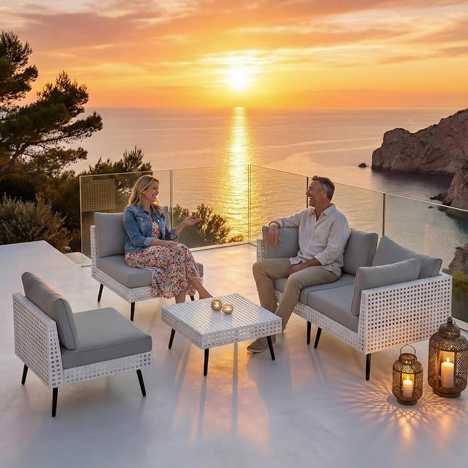 ENSTVER Modern High-End 5-Piece Wicker Patio Furniture Sets，Outdoor Patio Sectional with Thicken Cationic Fabric Cushions & Non-Slip Pad, Convertible Conversation Sets for Garden, Poolside, Backyard
