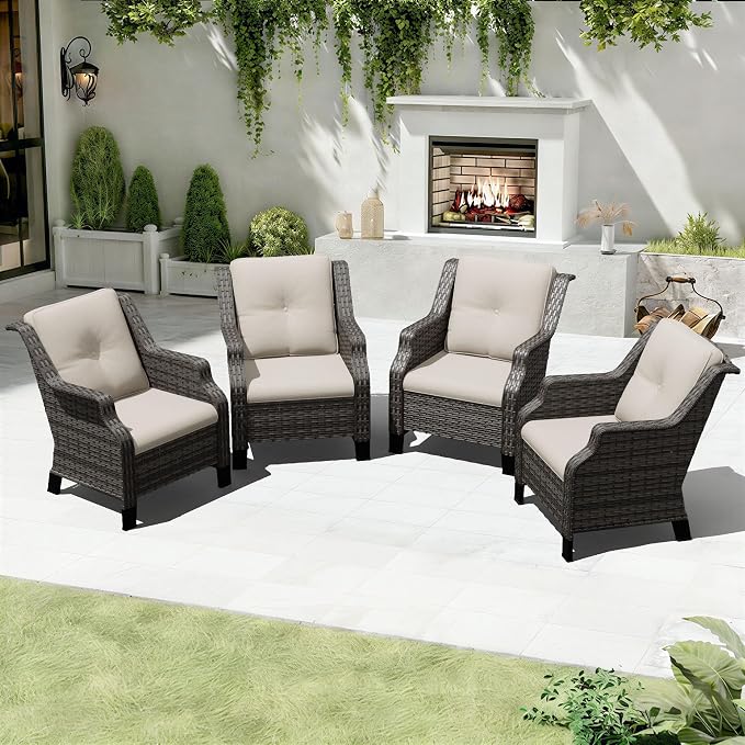 Outdoor Patio Chairs Set of 4, Wicker Patio Furniture with Thick Cushions, Curved Armrest, Deep Seating, Rattan Outdoor Chairs for Porch, Deck, Balcony