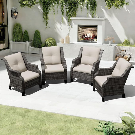 Outdoor Patio Chairs Set of 4, Wicker Patio Furniture with Thick Cushions, Curved Armrest, Deep Seating, Rattan Outdoor Chairs for Porch, Deck, Balcony