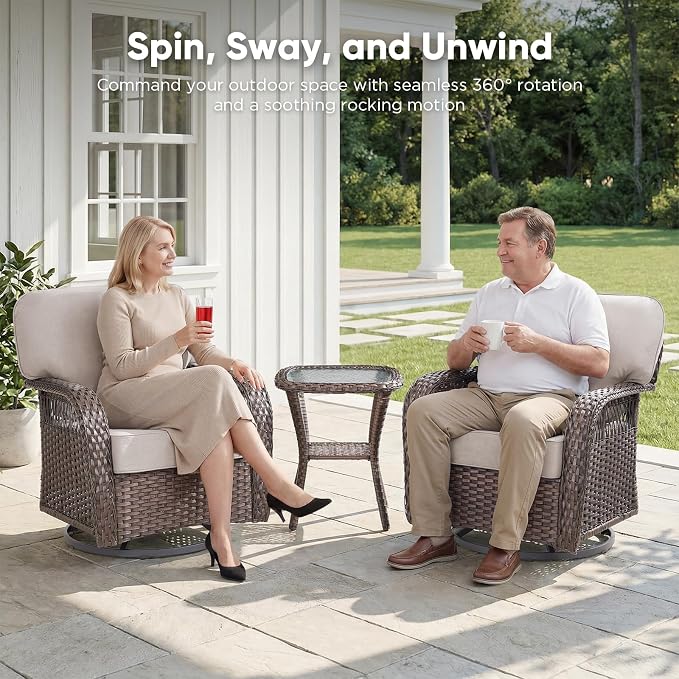 Belord Patio Chairs Set and 3-seat Sofa, Wicker Swivel Rocker Outdoor Chairs for Deck Yard and Poolside, 8 Piece Luxury Patio Furniture Set,Beige