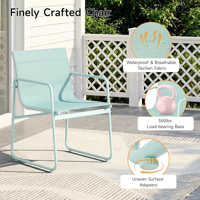 ONBRILL 7 Piece Patio Dining Set for 6, Modern Rectangular Glass Top Steel Table with 6 Breathable Textilene Chairs, Easy Assembly All-Weather Design for Lawn, Backyard, Poolside & Gatherings, Aqua