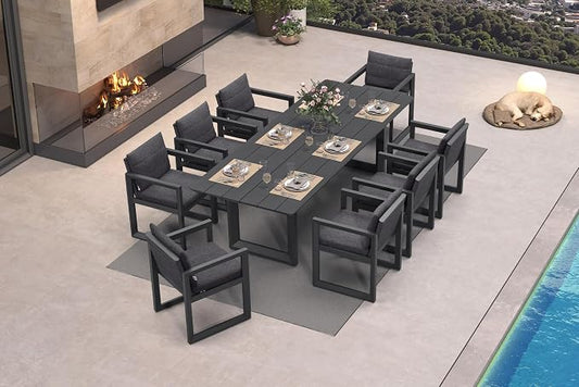 PURPLE LEAF Outdoor Dining Set for 8 Aluminum Luxury Patio Furniture Table and Chairs Set with All Weather Thick Cushion Rectangular Patio Dining Sets for Large Backyard Garden Poolside, Grey