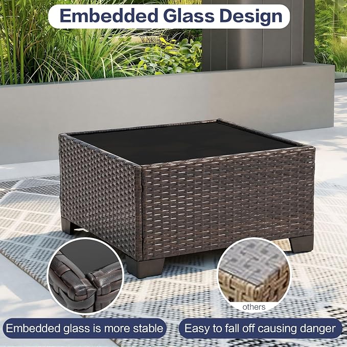 7-Piece Outdoor Patio Furniture Set, Brown PE Rattan Weaving Sofa with Dark Khaki Cushions and Steel Frame, Coffe Table Included, Outdoor Conversation Set