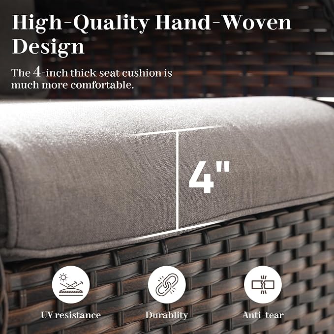 Rilyson Luxury Outdoor Wicker Glider Rocker Chairs for 2 Seats, Patio Wicker Rattan Glider Rocker Chairs with Table, Rocker Chairs Outdoor Furniture Sets for Patio Porch Pool Brown/Grey