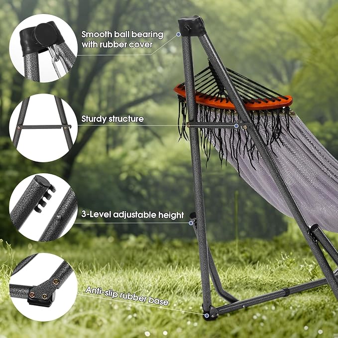 Goutime Collapsible Hammock Stand with Carry Bag, 550lbs, Portable, Grey | 3 level adjustable up to 10ft, double layer hammock net, fits indoor, yard, camping, and outdoor use
