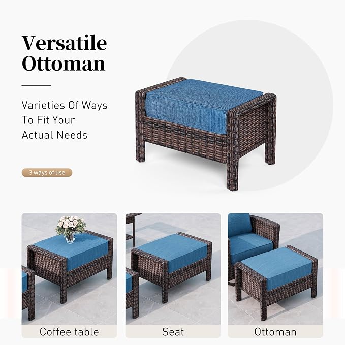 SUNSHINE VALLEY 6 Piece Patio Furniture Set with Swivel Chairs, High Back Wicker Rattan Sofa with Extra Thick Cushion, Coffee Table and Ottoman, Outdoor Conversation Set for Backyard Deck, Blue