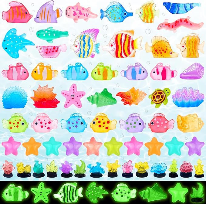 60 Pcs Luminous Mini Resin Ocean Animal Figures Glow in the Dark Small Little Tiny Fish Seashell Coral Miniature Figurines for Crafts Fairy Garden Accessories Micro Landscape Aquarium Decor
