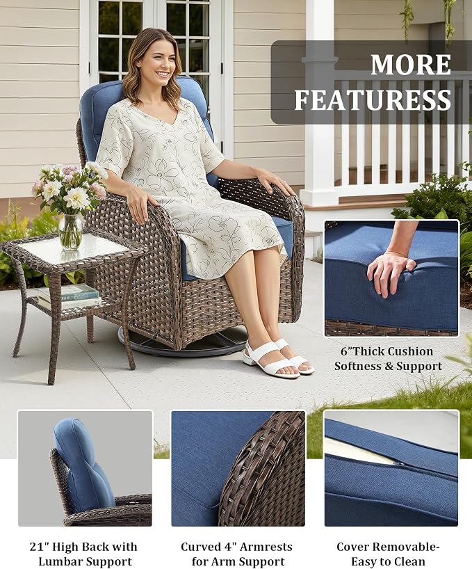2-Piece Luxury Patio Conversation Set with 6-Inch Thick Cushions, High-Back Outdoor Swivel Rocking Chairs & Side Table, All-Weather Furniture Set for Porch, Deck, Balcony or Backyard – Blue