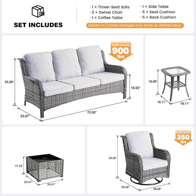 ovios 5-Piece Patio Furniture Set with Swivel Chairs Side Table, Outdoor Wicker Sofa with Comfy Cushions, High Back Couch Modern Conversation Sets, Grey/Grey
