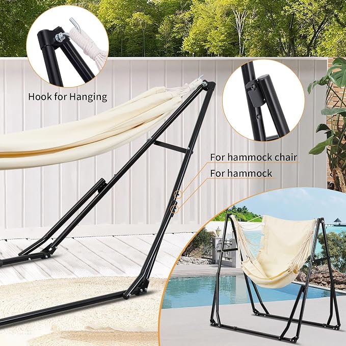 Ainfox Hammock with Foldable Stand, 2 in 1 Hammock and Swinging Chair with Carrying Bag, Portable Camping Chair Suitable for Outside, Swing,Patio,Garden,Camping Trip Beige
