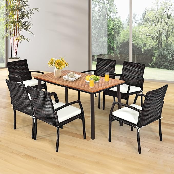 RELAX4LIFE Outdoor Dining Table for 6-8, Acacia Wood Slatted Patio Table w/Umbrella Hole, Wicker Edging, Rust-Proof Steel Legs, Rectangle Outdoor Patio Table for Deck Backyard Pool Side Relaxation