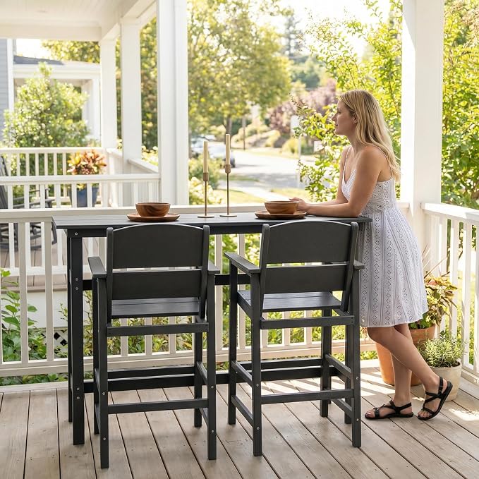 3 Piece Outdoor Bar Height Table and Chairs Set, HDPE Outdoor High Top Table and Chairs with Aluminum Reinforced Tabletop, All Weather Bar Height Patio Set for Deck/Balcony/Backyard, Grey