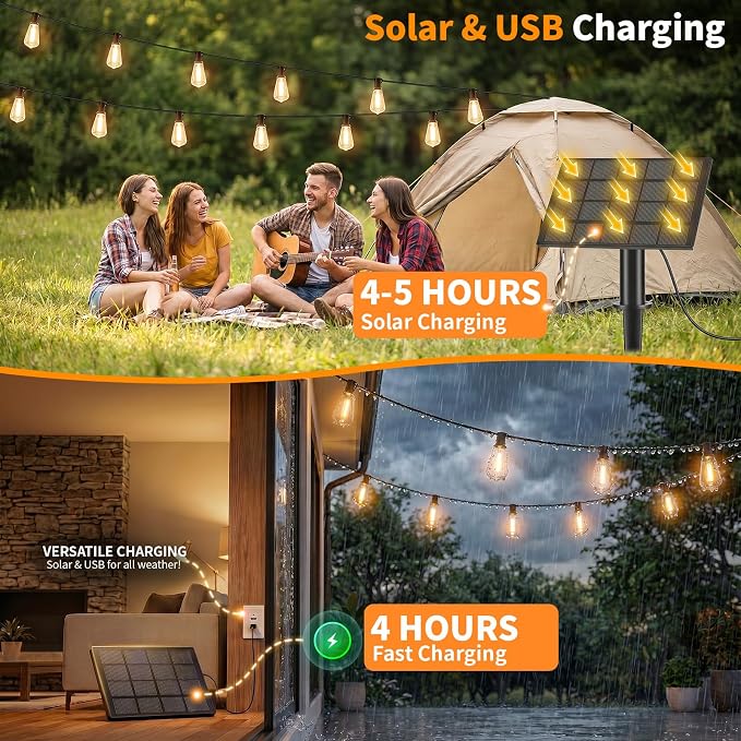 Hotsonic Solar Outdoor String Lights Waterproof, 50FT Remote Control LED Outside Lights with Shatterproof Bulbs, Dimmable Hanging Lights for Patio Porch Garden pergola Yard House Bistro Party decors ﻿