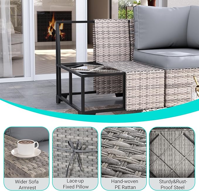 6-Piece Outdoor Patio Furniture Set Wicker Sectional Sofa Set, Patio Conversation Set with Thickened Cushions & Chunky Arms Coffee Table for Garden, Backyard, Poolside, Grey