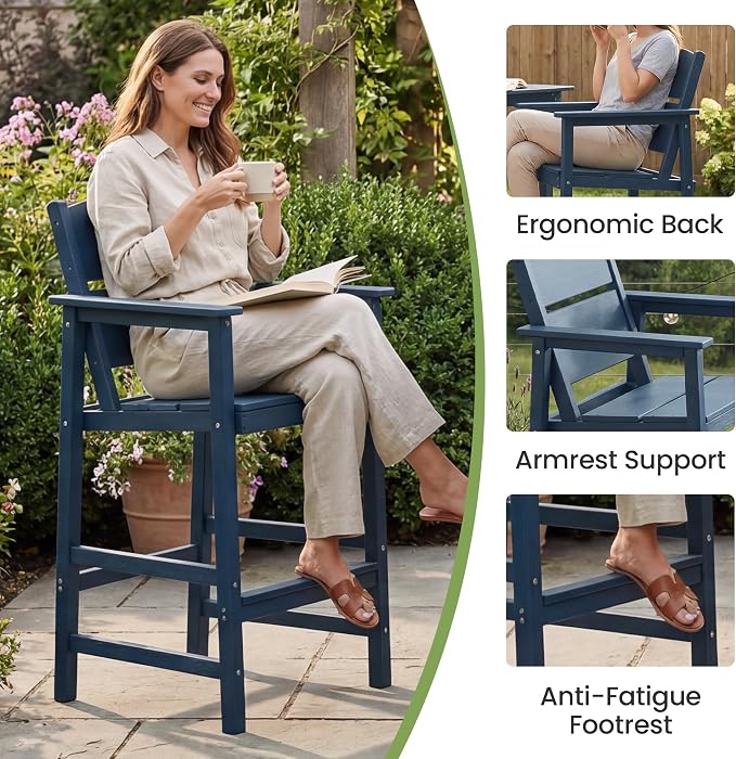 3 Piece Outdoor Bar Table and Chairs Set, HDPE Outdoor Bar Table Set with Aluminum Reinforced Tabletop, All Weather Bar Height Patio Bistro Set for Balcony/Porch/Backyard, Blue