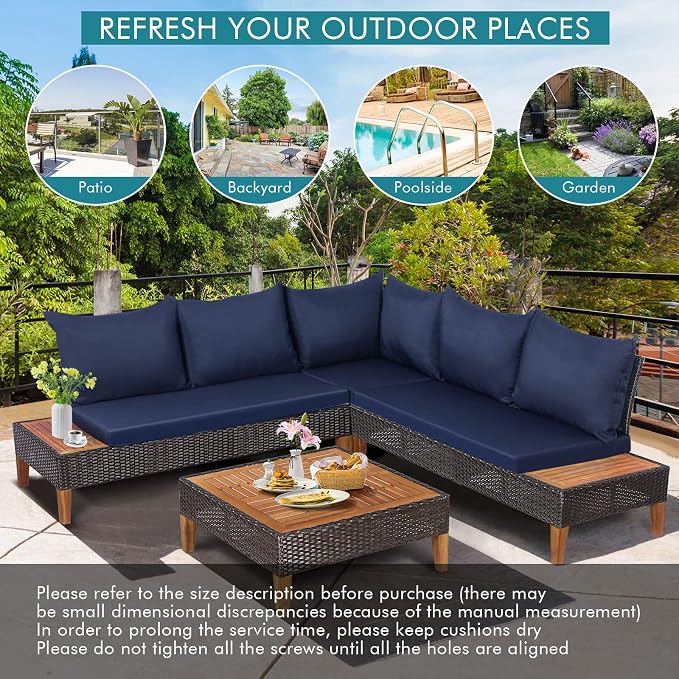 Tangkula 4 Pieces Acacia Wood Patio Furniture Set, Patiojoy L Shaped Wicker Corner Sectional Sofa Set with Thick Cushions, Coffee Table, for Backyard, Garden, Poolside and Deck (Navy Blue)