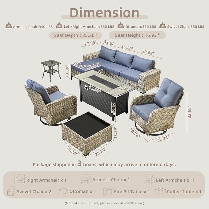 Outdoor Sectional Patio Furniture Set with Fire Pit Table,8 Pieces Wicker Conversation Sets L Shaped Couch,Extra Deep Out Door Sofa Outside Furniture with Swivel Chairs,Blue