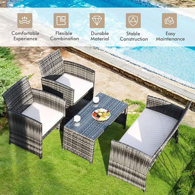 Outdoor Conversation Set, 8 Pieces Wicker Patio Furniture Set with Ergonomic Curved Design, Patio Chair Set with Water-Resistant Cushion & Tempered Glass Table for Backyard, Porch(Beige)