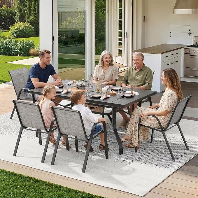 Soohow 7-Piece Outdoor Dining Set, Outdoor Patio Table and Chairs Set, 6 x Stackable Chairs & 1 x Outdoor Table with Umbrella Hole, All-Weather Patio Dining Sets for Poolside, Backyard and Porch
