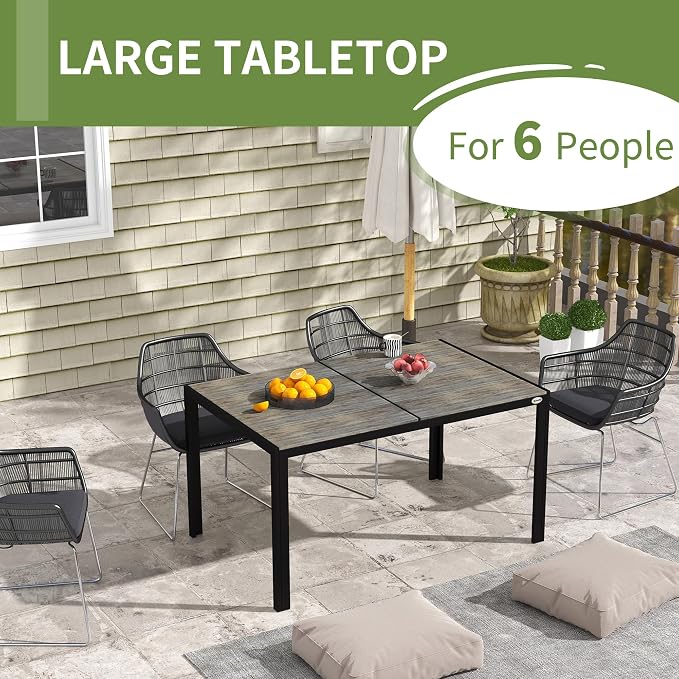 Outsunny Outdoor Dining Table for 6 People, Aluminum Rectangular Patio Table with Faux Wood Tabletop for Backyard, Lawn, Balcony, Poolside, 55" x 35.5", Gray