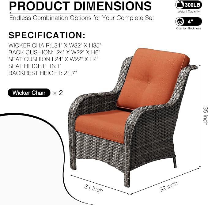 Joyside Patio Chairs Set of 2, Wicker Patio Furniture with High Back, Deep Seating, Wide Armrest, Thickened Cushions, Outdoor Rattan Furniture for Deck, Porch Use
