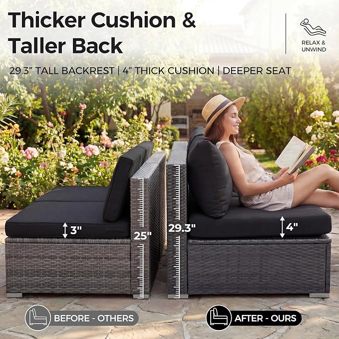 NICESOUL 13 Piece Outdoor Sectional w/Fire Pit Table, Luxury Modular Patio Furniture Set w/Chaise Lounge, Plus 29.3'' High-Back Seating Sofa, All-Weather Deck Couch for Poolside, Yard, Grey & Black