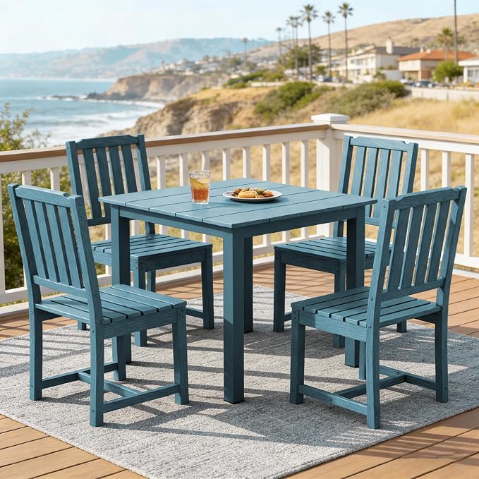 LOUNZY 5 Piece HDPE Outdoor Table and Chairs Set for 4, Heavy Duty,Navy | 4 person HDPE outdoor table and chairs set, wood-look, 304 stainless steel hardware, strong and stable for daily patio