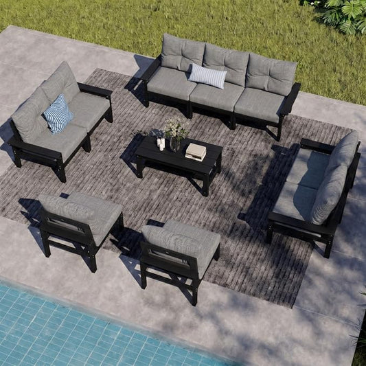 HDPE Outdoor Patio Furniture Set, 10-Piece Patio Conversation Sets with Coffee Table & Grey Washable Thick Cushions, Outdoor Sofa for Garden, Balcony, Porch, Yard, Lawn (Black Frame)