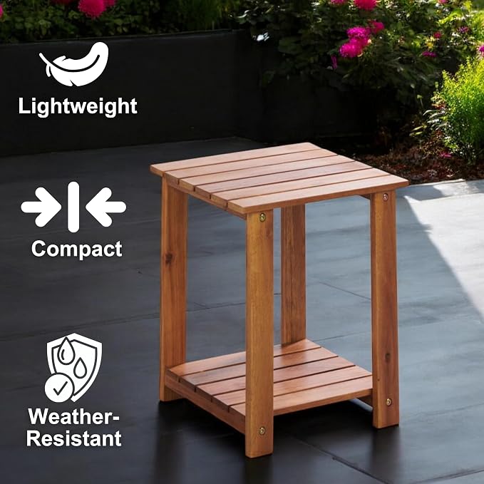 Patio Wise Square Acacia Wood Side Table, 2-Tier Indoor/Outdoor Wooden Accent Tables, Deck, Balcony, Porch, & Patio Furniture, 15-Inches Long x 15-Inches Deep x 17-Inches High, Teak