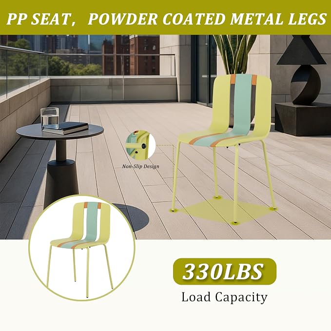 LUMISOL 5 Piece Outdoor Dining Table Set, All Weather Rectangular Table and Chairs Set with Striped Color Block Chairs and Sturdy Metal Legs for Garden, Backyard, Poolside, Yellow+Green+Orange