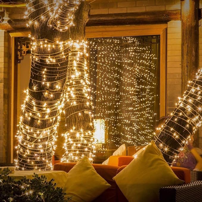 JMEXSUSS Indoor String Lights for Bedroom, 800 LED Christmas Lights Outdoor | 131 Ft Classroom Lights Clear Wire With Remote,Plug-In, Dimmable, Hanging Light for Backyard Porch Party Decor, Warm White