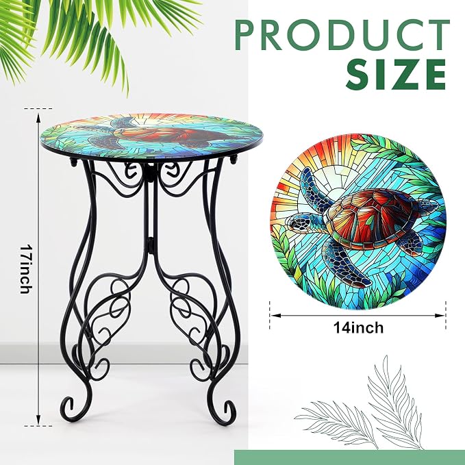 Geelin 14 Inch Small Outdoor Patio Side Table Turtles Round Mosaic Side Table Accent Indoor End Plant Metal Coffee Tea Furniture for Yard Porch Garden Living Room Bedroom(Turtles)