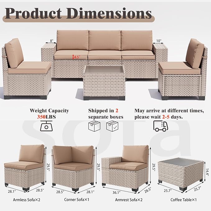 6 Pieces Patio Furniture Set, Outdoor Sectional Wicker Sofa with Thickened Cushions and Coffee Table, High Back Rattan Patio Conversation Sets for Garden Backyard, Khaki