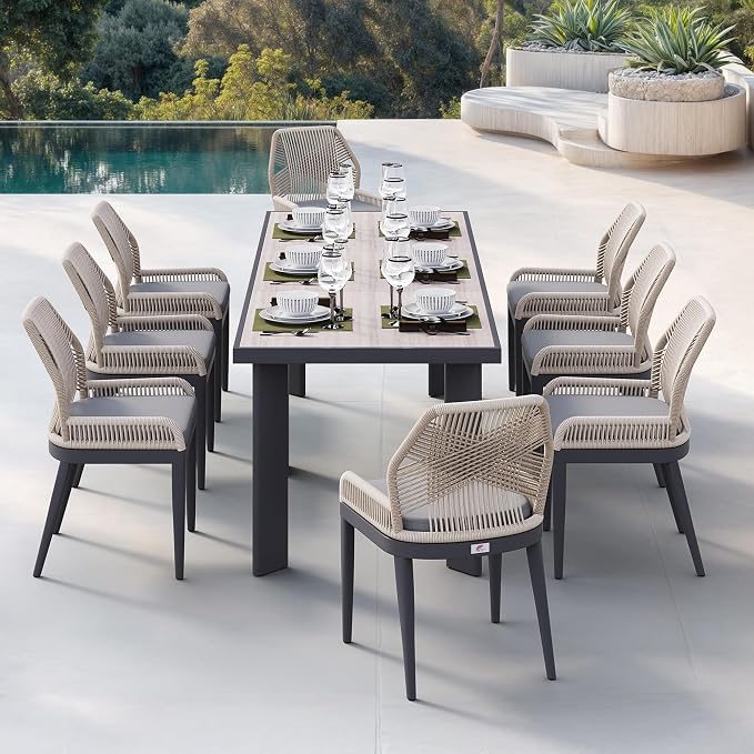 PURPLE LEAF 9 Pieces Patio Dining Set Aluminum Rectangular Table and Wicker Chairs with Cushions for Kitchen Porch Garden Modern Outdoor Furniture Sets, Beige and Dark Grey