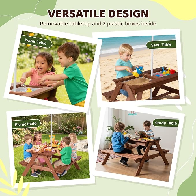 JOYMOR 4-in-1 Kids Picnic Table w/2 Sensory Bins, Cedar Wooden Sand & Water Table with Height Adjustable Umbrella, Wooden Kids Outdoor Picnic Tables for Garden, Backyard, Patio Furniture(Walnut)