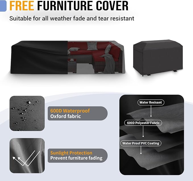 Outdoor Patio Furniture Set with 44" Fire Pit Table 8 Pieces Rattan Patio Sectional Sofa Conversation Set w/55000 BTU Propane Gas Fire Pit, Coffee Table, 2 Waterproof Covers, Red
