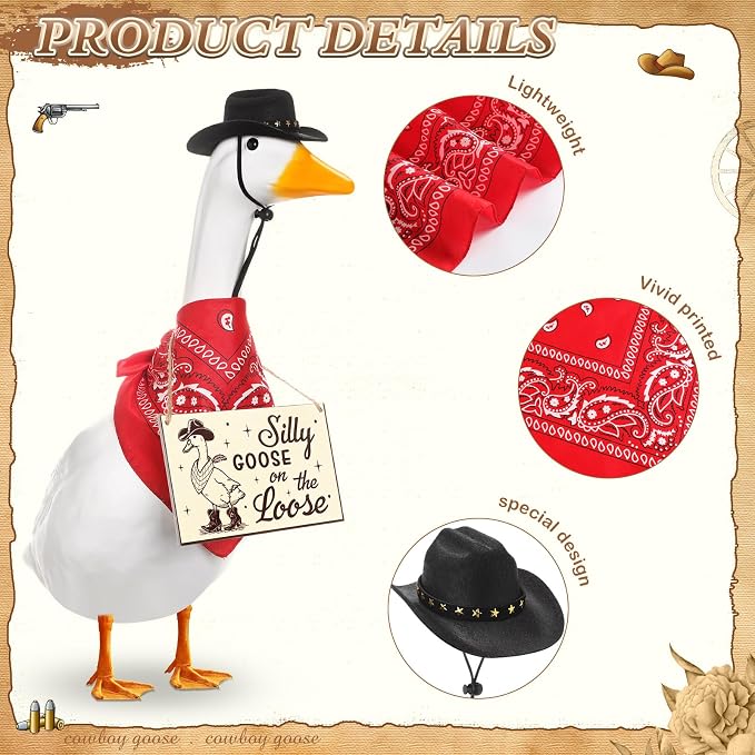 Funny Porch Goose Outfit Decoration Set Silly Goose on The Loose Hangings Sign Cowboy with Outfit Cowboy Hat Bandana for 23" Cement/Plastic Outdoor Statue Patio Yard Lawn Art(Red,Black)