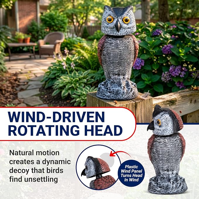 Arrigo Fake Owl Decoys to Scare Birds Away – 2pc Wind-Driven Rotating Head – Plastic Owl Statue Scarecrows – Realistic Deterrent for Critters & Squirrels - Garden, Patio, Boats, and Yard Decor