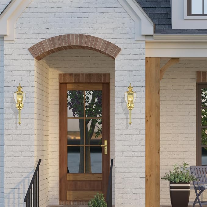 Livex Lighting 2112-02 Outdoor Wall Lantern, Polished Brass | Clear Beveled Glass Shades
