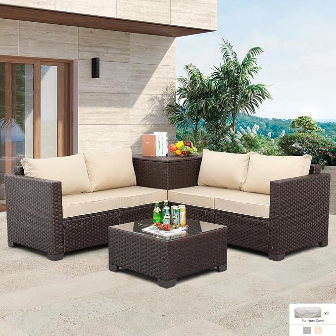 Khaki Outdoor Sectional Conversation Sofa Set 4 Pieces Wicker Patio Furniture Set with Storage Box and Glass Table Cushions and Furniture Covers